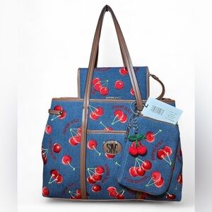 Steve Madden Denim Cherry Print Satchel with Matching Wallet Set